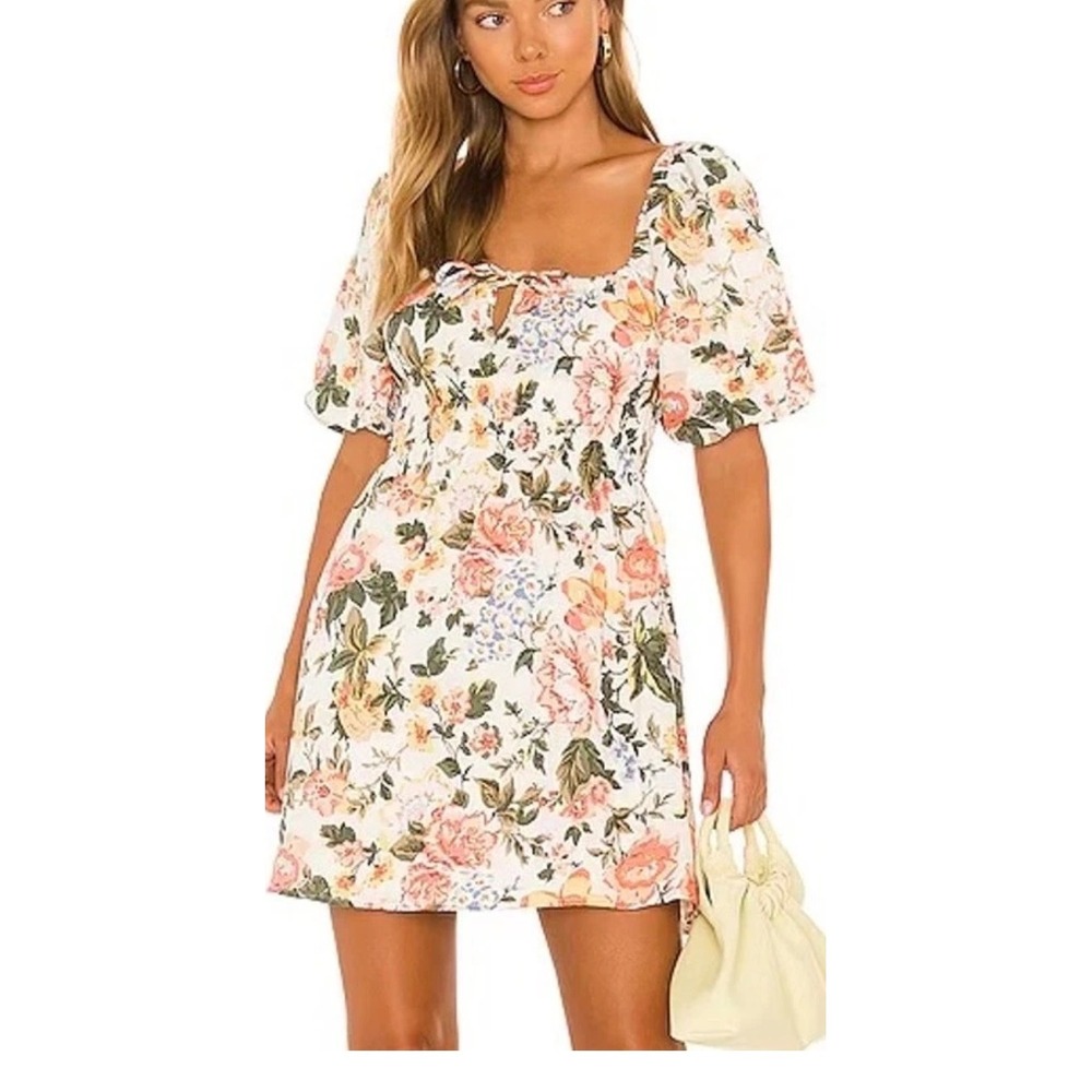 Faithfull The Brand Floral Linen Mini‎ Dress Puff Sleeve Smocked Waist Multi XL